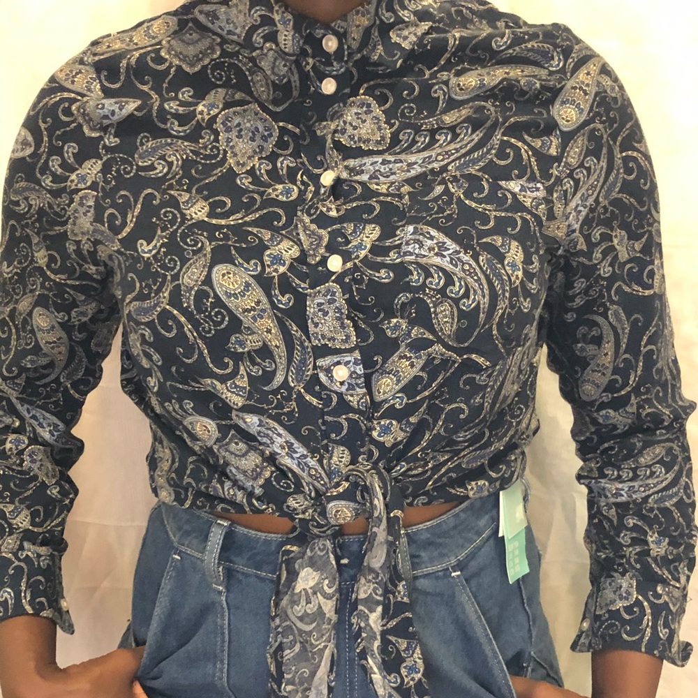 H&M Blue Paisley Tie Up Button Down Top Size S